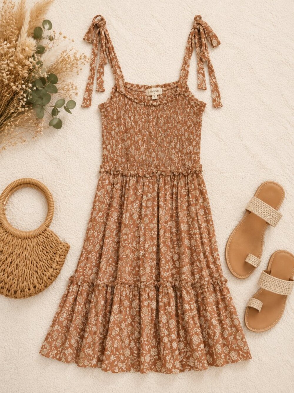 Altar'd State Floral Smocked Mini Dress Small Brown Tie Strap Boho 100% Rayon
